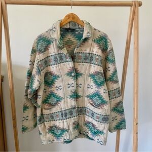 Vintage Tapestry Southwestern Aztec Quilt Star Patterned Collared Chore Jacket